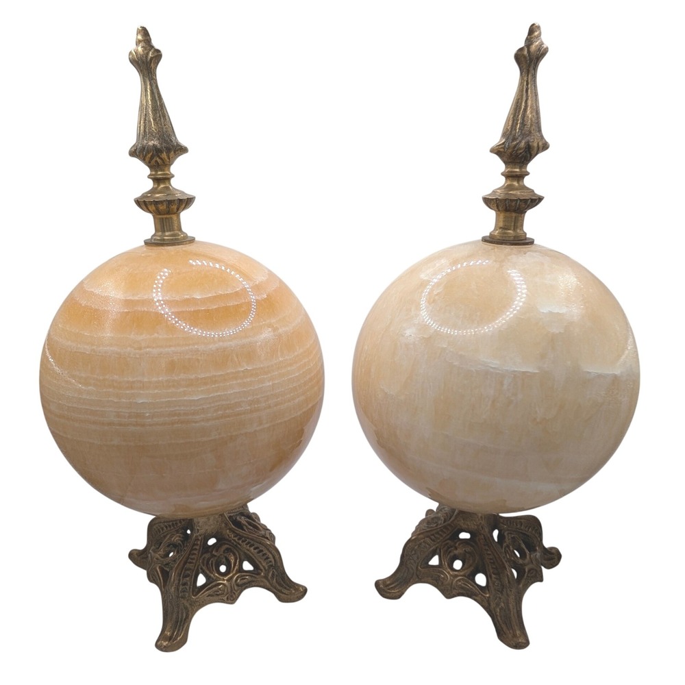 Vintage Alabaster Stone Spheres with Ornate Brass Bases and Finials Pair 10.5"